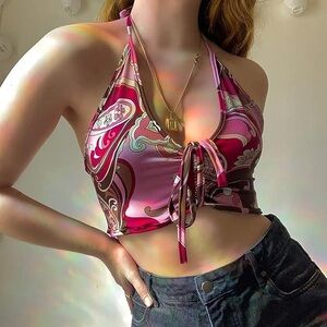 Pink Paisley Halter Crop Top
